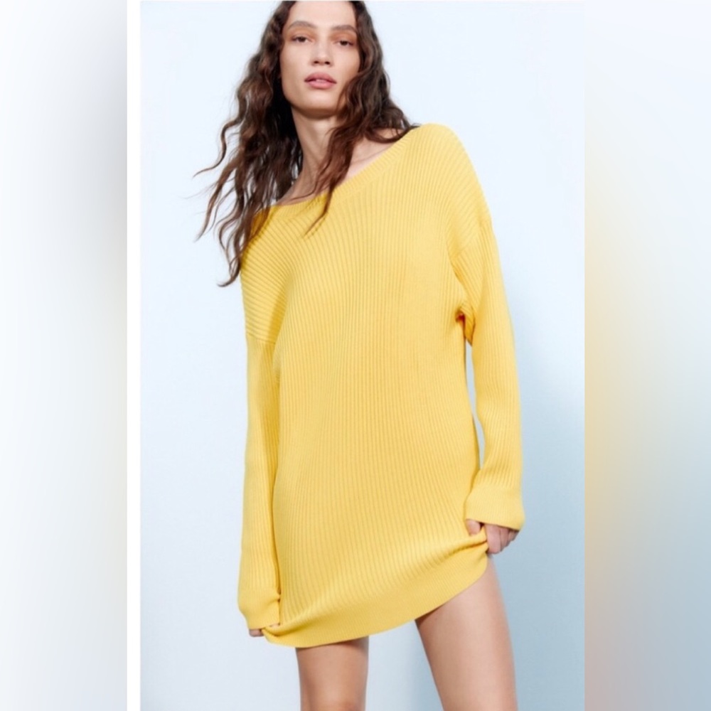 Zara yellow knit slouchy oversize sweater dress with black strap band size large
